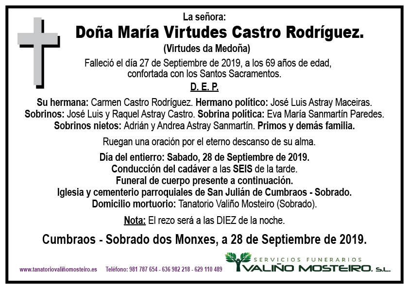 Esquela de María Virtudes Castro Rodríguez.